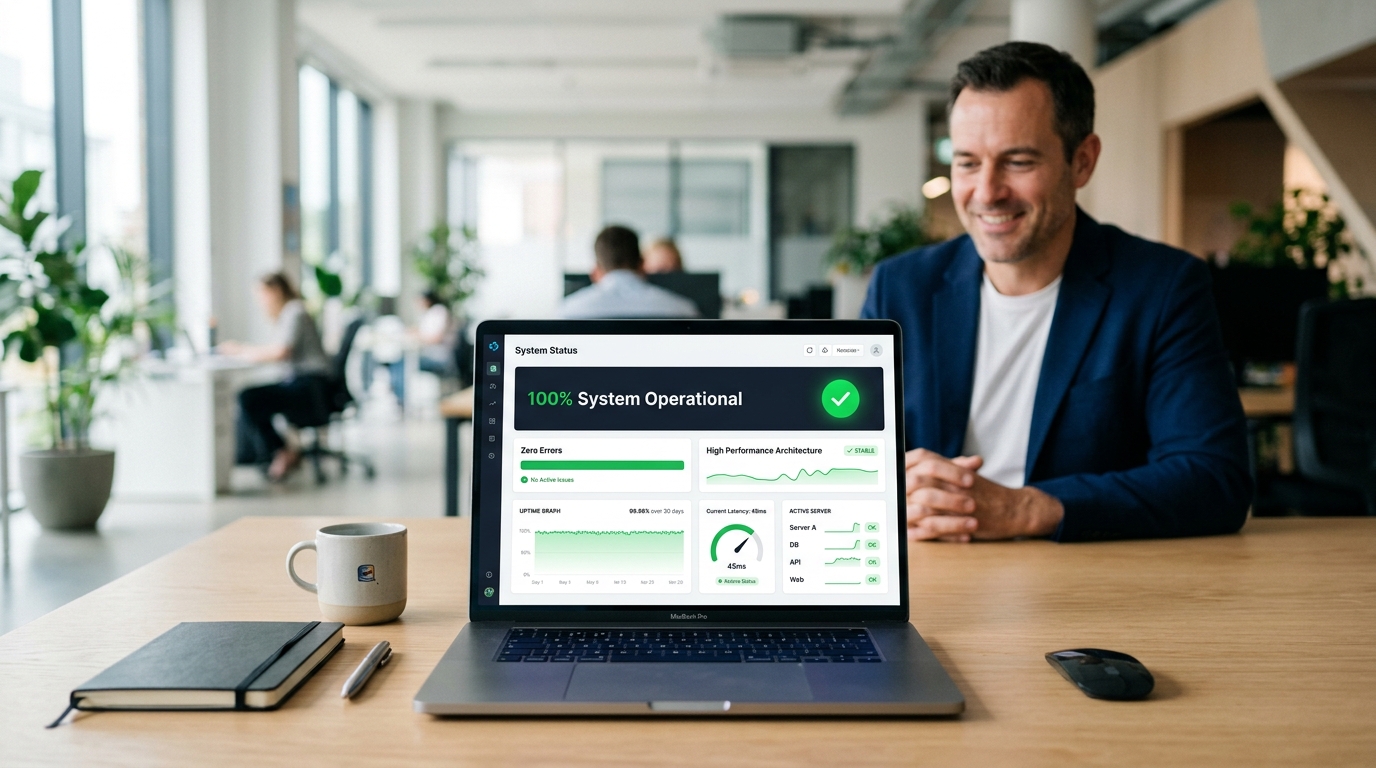 Photo of happy business owner reviewing 100% operational system dashboard with green metrics