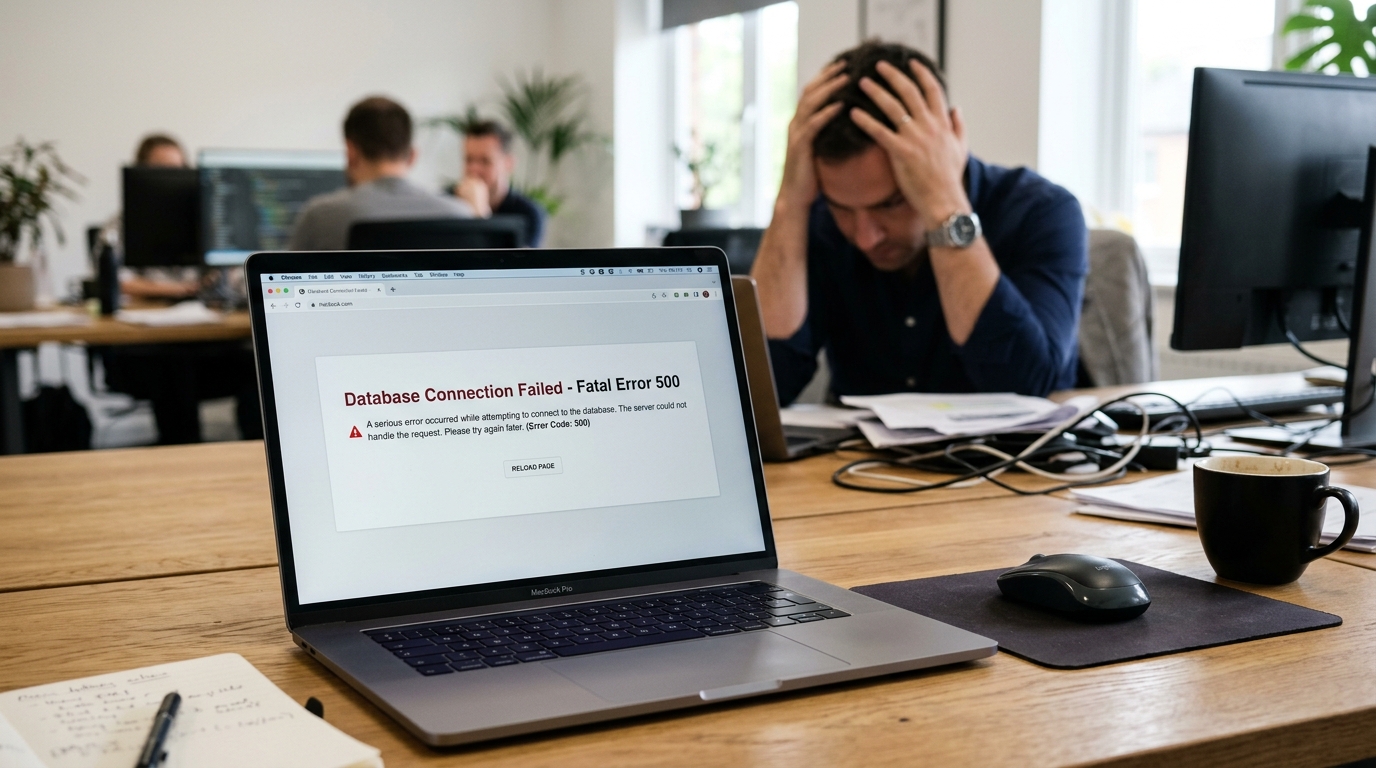 Photo of stressed business owner holding head in distress as laptop shows Database Crash Fatal Error 500