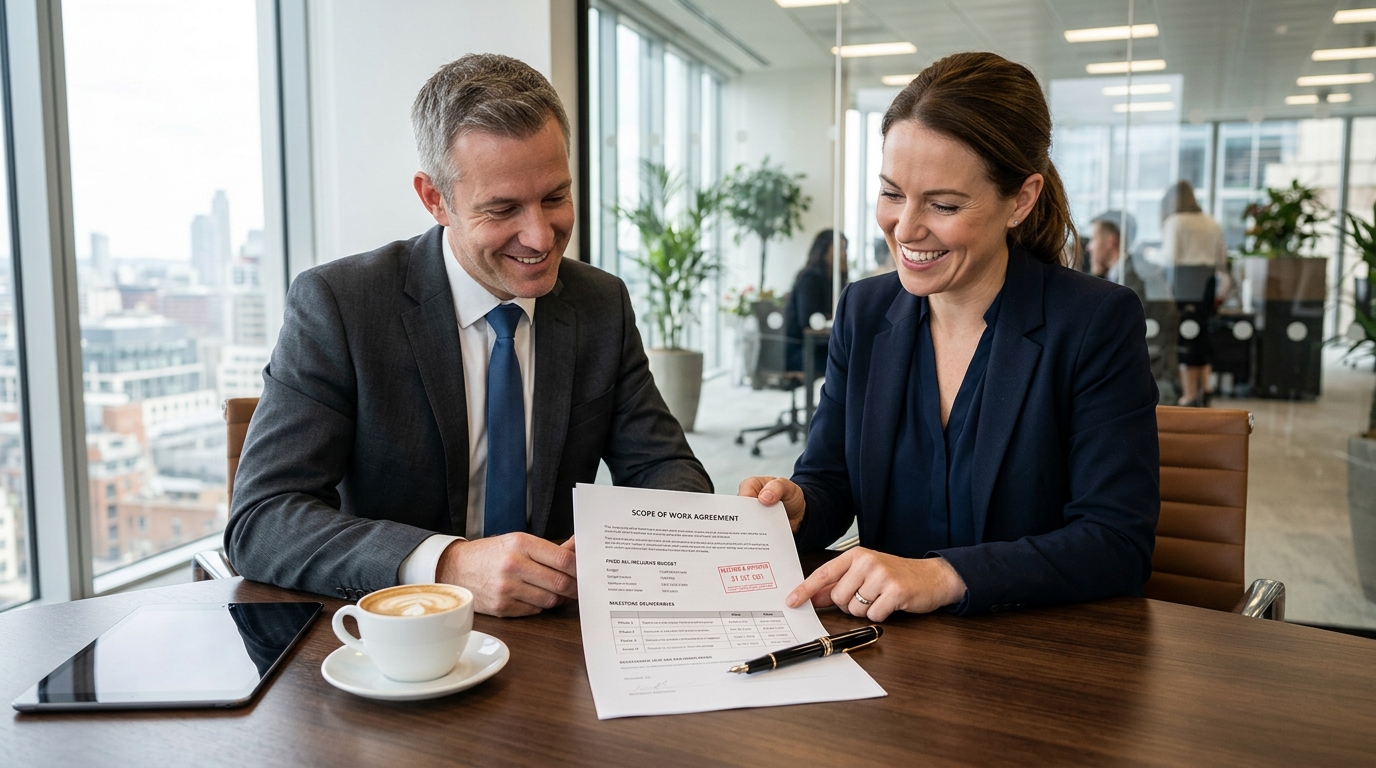 Photo of smiling business partners reviewing approved Scope of Work agreement with fixed budget stamp