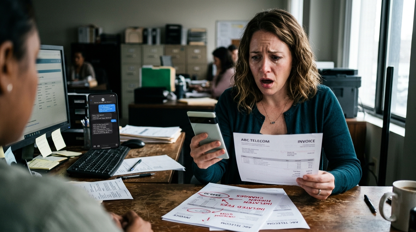 Photo of shocked client in disbelief reviewing inflated invoices with hidden surcharges