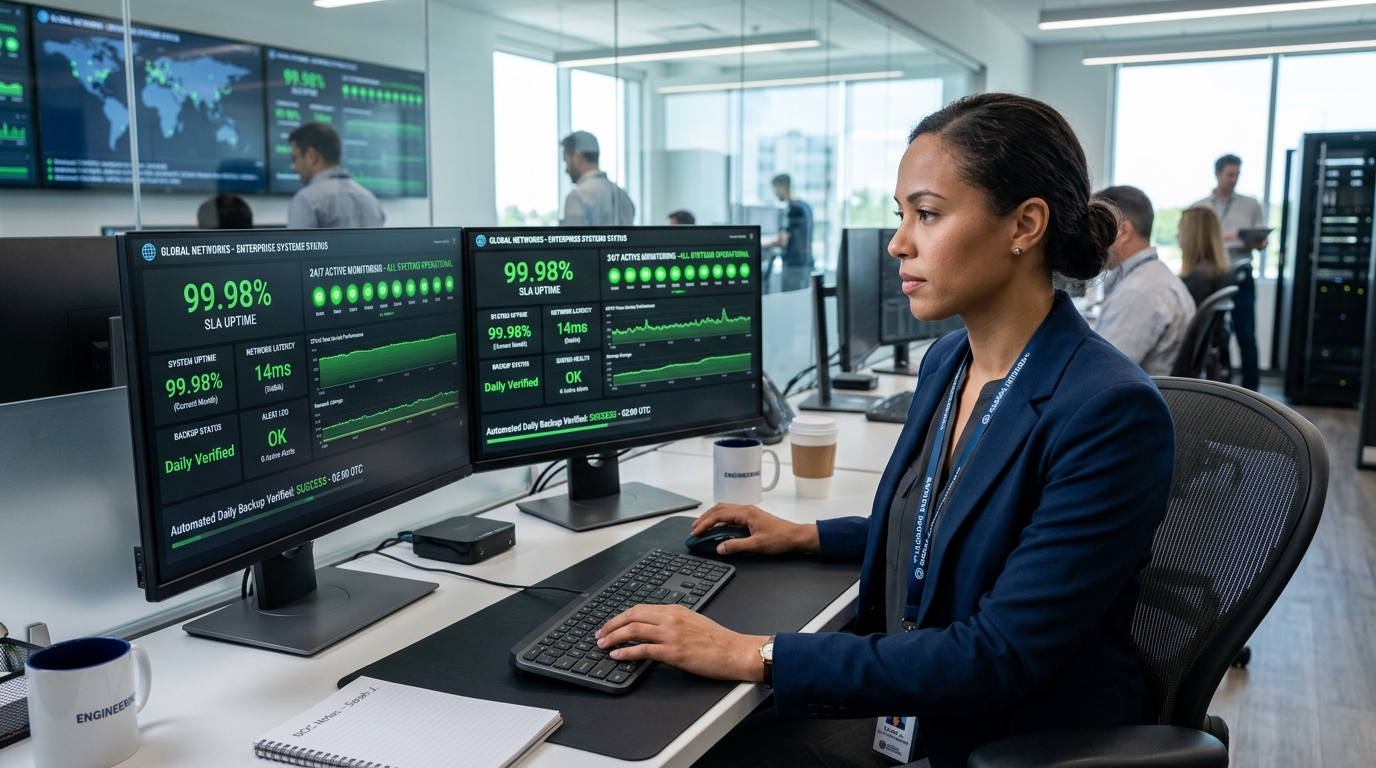 Photo of network engineer in modern operations center monitoring 99.98% uptime and verified backups