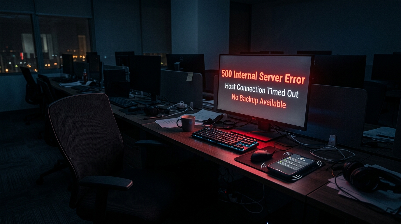 Photo of dark deserted office with glowing red 500 server error screen and abandoned empty chair