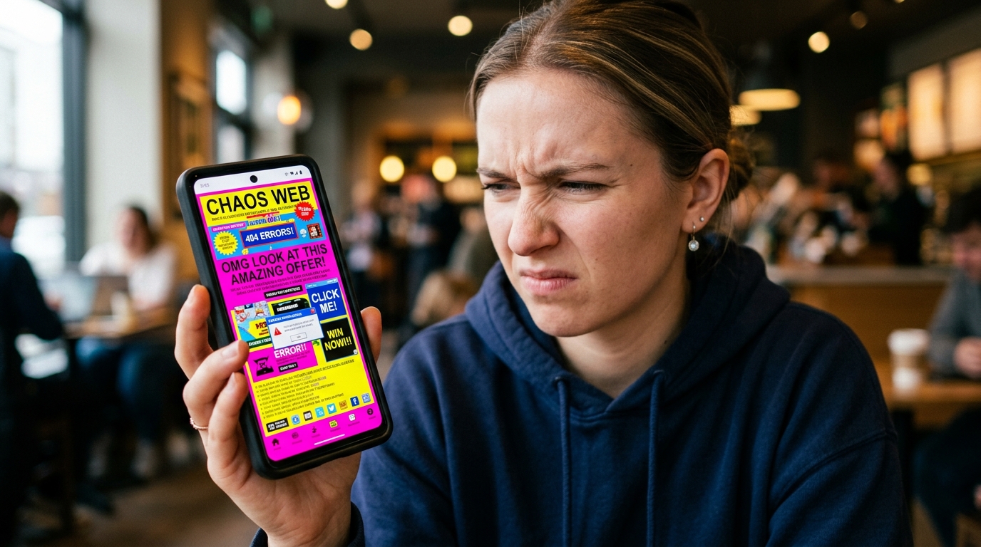 Photo of user grimacing in frustration at a gaudy, chaotic, eye-straining mobile website