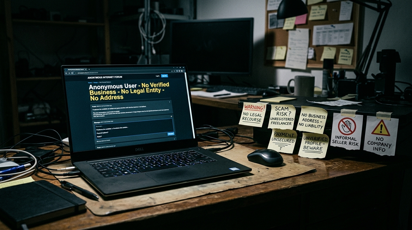 Photo of dim desk showing anonymous unverified online seller with warning notes about scam and zero liability